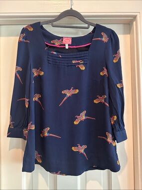 Joules Navy Blouse with Colorful Bird Print - 3/4 Sleeve